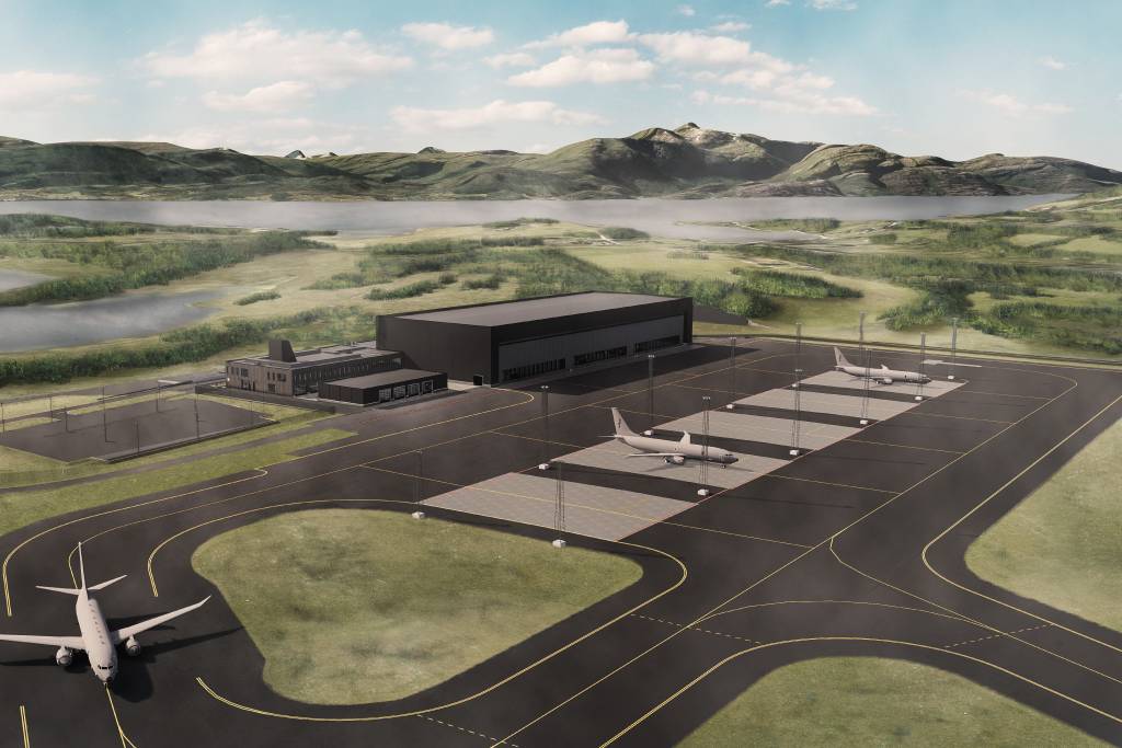 Skisse over ny hangar til de maritime overvåkningsflyene P8 på Evenes flystasjon. Skisse: 